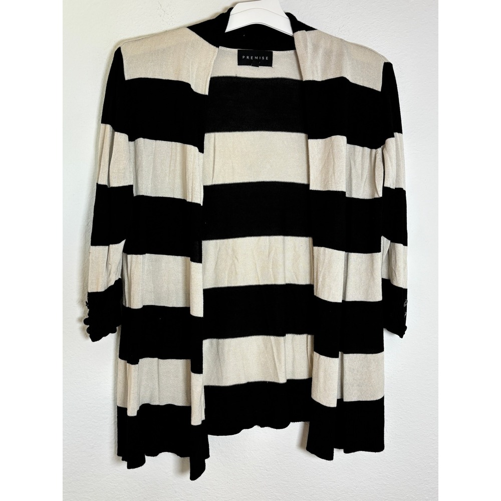 Premise Black Cream Striped Open Front Cardigan Button Cuff Medium